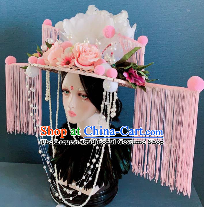 Chinese Handmade Pink Tassel Hat Hair Accessories Halloween Modern Fancywork Headwear for Women