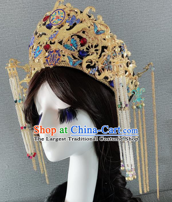 Traditional Chinese Ancient Palace Queen Cloisonne Butterfly Phoenix Coronet Headwear Qing Dynasty Manchu Hair Accessories for Women