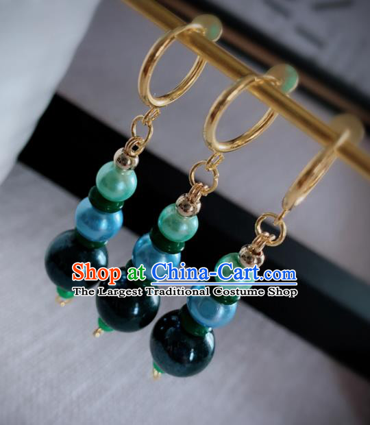 Chinese Traditional Ancient Qing Dynasty Manchu Lady Green Beads Earrings for Women