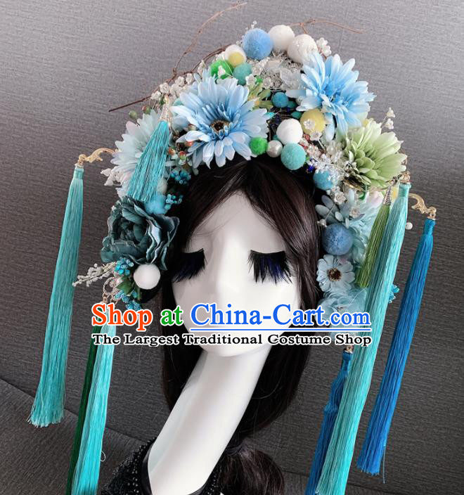 Handmade Chinese Ancient Queen Luxury Blue Flowers Hair Accessories Halloween Modern Fancywork Headwear for Women