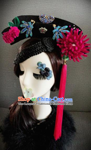 Traditional Chinese Ancient Palace Rosy Velvet Chrysanthemum Hair Accessories Qing Dynasty Queen Headwear for Women