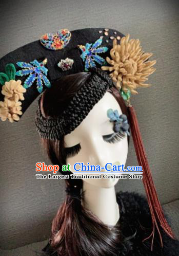 Traditional Chinese Ancient Palace Khaki Velvet Chrysanthemum Hair Accessories Qing Dynasty Queen Headwear for Women