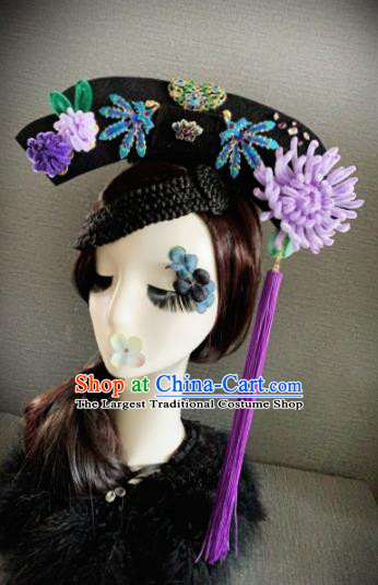 Traditional Chinese Ancient Palace Light Purple Velvet Chrysanthemum Hair Accessories Qing Dynasty Queen Headwear for Women