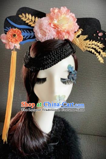 Traditional Chinese Qing Dynasty Queen Pink Peony Headwear Ancient Palace Phoenix Hair Accessories for Women