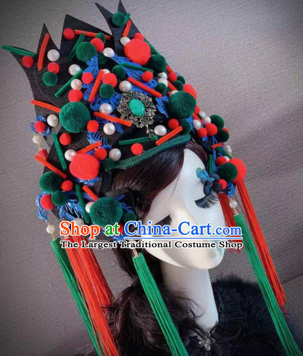 Handmade Chinese Ancient Opera Luxury Green Hair Accessories Halloween Modern Fancywork Headwear for Women