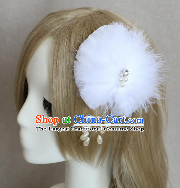 Top Grade Princess White Feather Bowknot Hair Accessories Bride Stage Performance Hair Stick Headwear for Women