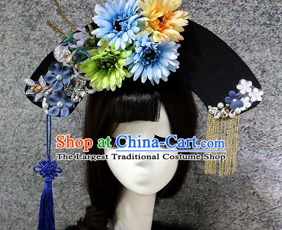 Chinese Ancient Palace Headwear Traditional Qing Dynasty Manchu Blue Flowers Hair Accessories for Women