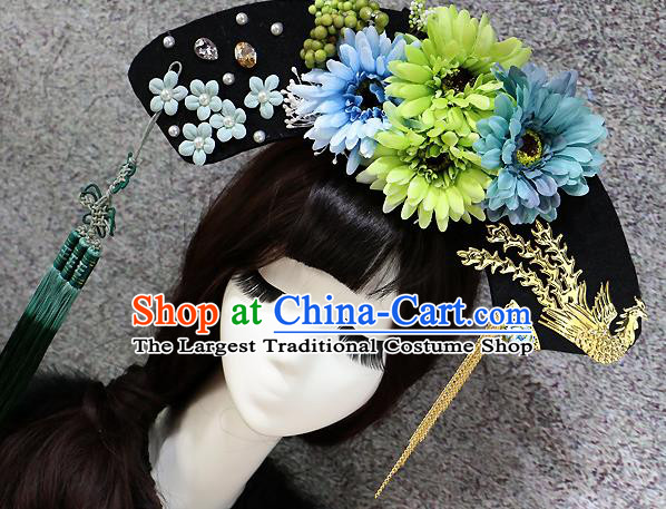 Chinese Ancient Palace Headwear Traditional Qing Dynasty Manchu Green Flowers Hair Accessories for Women