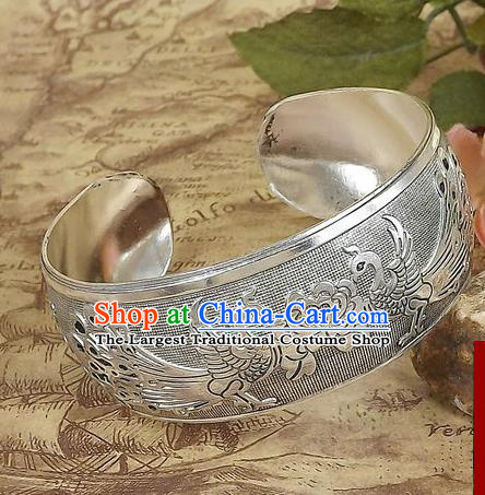 Top Grade Chinese Traditional Ethnic Accessories Sliver Carving Phoenix Bracelet for Women