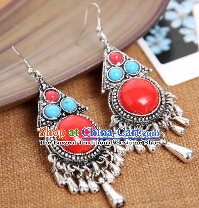 Top Grade Chinese Zang Nationality Red Earrings Traditional Ethnic Accessories for Women