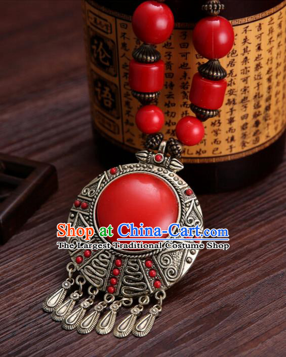 Handmade Chinese Ethnic Tibetan Red Necklace Traditional Zang Nationality Necklet Accessories for Women