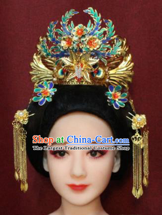 Chinese Ancient Imperial Consort Blueing Phoenix Coronet Headwear Traditional Tang Dynasty Queen Hair Accessories for Women