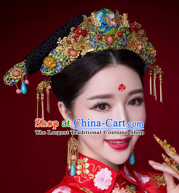 Chinese Ancient Bride Hairpins Cloisonne Lotus Phoenix Coronet Traditional Palace Wedding Hair Accessories Complete Set for Women