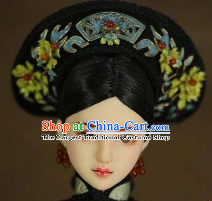 Chinese Ancient Palace Imperial Consort Cloisonne Lotus Hair Ornament Headwear Traditional Qing Dynasty Manchu Queen Hair Accessories for Women