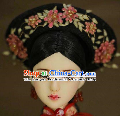 Chinese Ancient Palace Imperial Consort Cloisonne Pink Flowers Hair Ornament Headwear Traditional Qing Dynasty Manchu Hair Accessories for Women