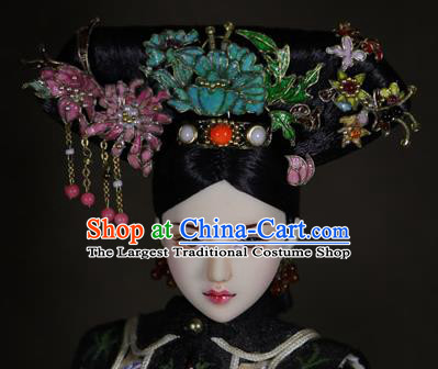 Chinese Ancient Cloisonne Peony Headwear Traditional Qing Dynasty Palace Manchu Imperial Consort Hair Accessories for Women