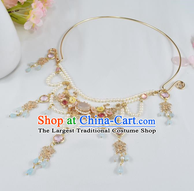 Handmade Chinese Hanfu Necklace Traditional Ancient Princess White Chalcedony Necklet Accessories for Women