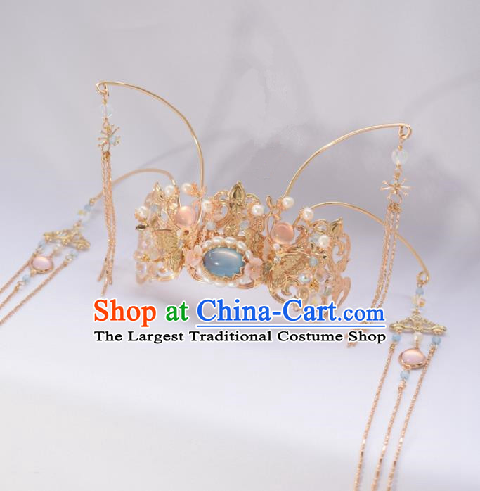 Chinese Ancient Princess Palace Blue Chalcedony Tassel Hair Crown Hairpins Traditional Handmade Hanfu Hair Accessories for Women