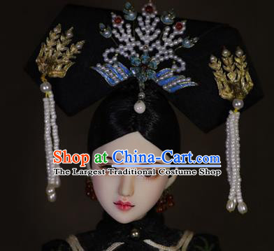 Chinese Ancient Cloisonne Phoenix Tassel Headwear Traditional Qing Dynasty Palace Manchu Imperial Consort Hair Accessories for Women