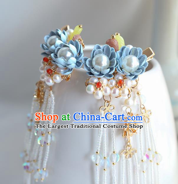 Chinese Ancient Princess Blue Flowers Hair Claws Hairpins Traditional Hanfu Hair Accessories for Women