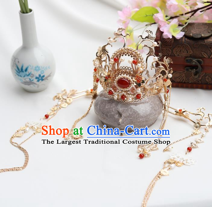 Chinese Ancient Princess Agate Phoenix Coronet Hairpins Traditional Hanfu Hair Accessories for Women