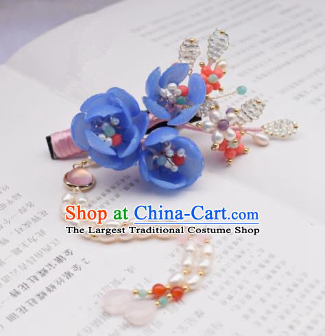 Chinese Ancient Princess Palace Blue Flowers Pearls Tassel Hair Claw Hairpins Traditional Handmade Hanfu Hair Accessories for Women