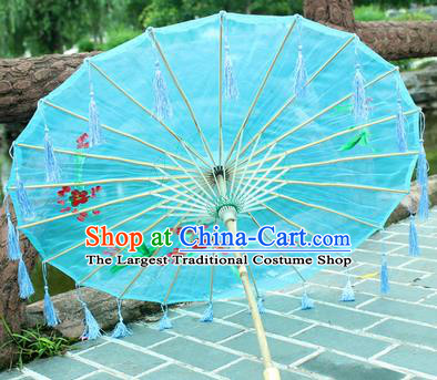 Handmade Chinese Traditional Tassel Blue Oiled Paper Umbrellas Ancient Princess Printing Umbrella