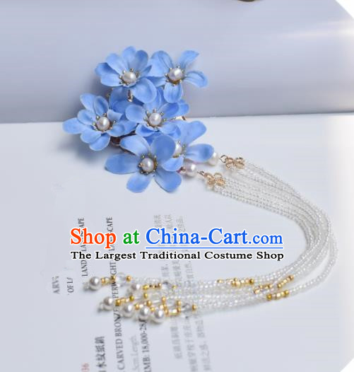 Chinese Ancient Princess Palace Blue Flowers Tassel Hair Claw Hairpins Traditional Handmade Hanfu Hair Accessories for Women