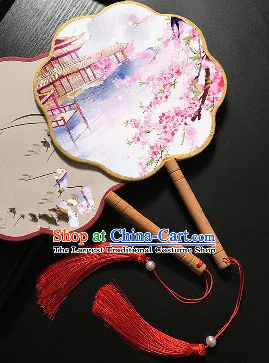 Chinese Handmade Classical Palace Fans Traditional Printing Peach Blossom Hanfu Fan for Women