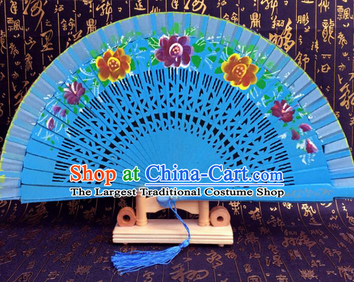 Chinese Handmade Classical Folding Fans Blue Wood Hollow Out Accordion Fan for Women
