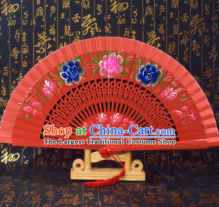 Chinese Handmade Classical Folding Fans Printing Flowers Wood Red Accordion Fan for Women