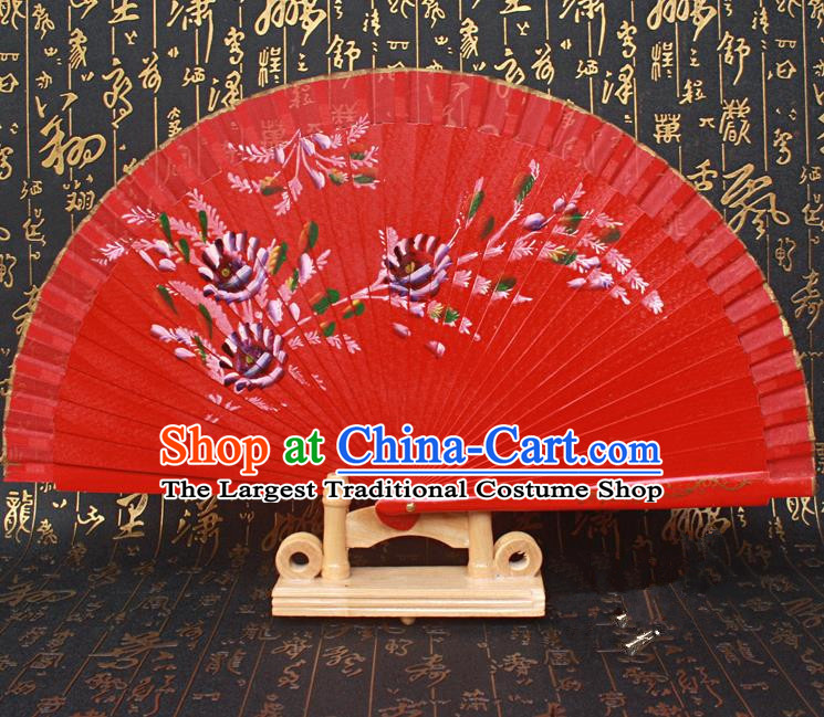 Chinese Handmade Classical Folding Fans Printing Flowers Wood Red Silk Accordion Fan for Women