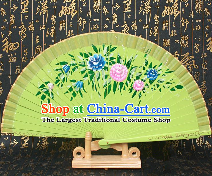 Chinese Handmade Classical Folding Fans Printing Flowers Wood Green Silk Accordion Fan for Women