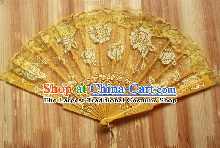 Chinese Handmade Folk Dance Yellow Lace Rose Folding Fans Classical Accordion Fan for Women