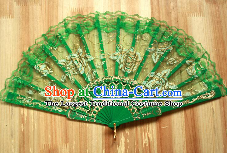 Chinese Handmade Folk Dance Green Lace Rose Folding Fans Classical Accordion Fan for Women