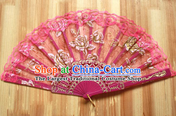 Chinese Handmade Folk Dance Rosy Lace Rose Folding Fans Classical Accordion Fan for Women