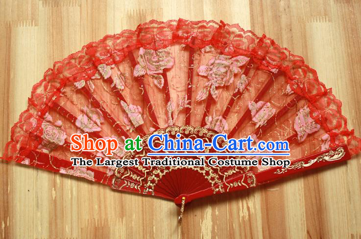 Chinese Handmade Folk Dance Red Lace Rose Folding Fans Classical Accordion Fan for Women