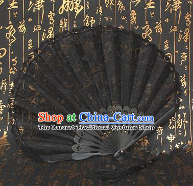 Chinese Handmade Classical Folding Fans Folk Dance Black Lace Accordion Fan for Women