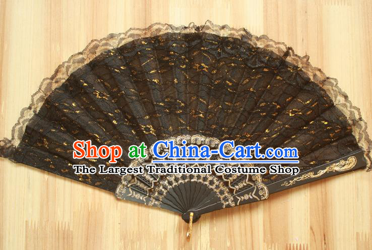 Chinese Handmade Classical Black Lace Folding Fans Folk Dance Accordion Fan for Women