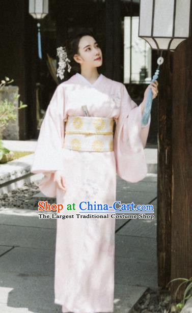 Japanese Handmade Light Pink Kimono Costume Japan Traditional Printing Yukata Dress for Women