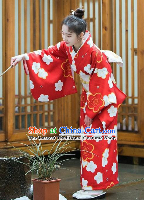 Japanese Handmade Red Kimono Costume Japan Traditional Printing Sakura Yukata Dress for Women