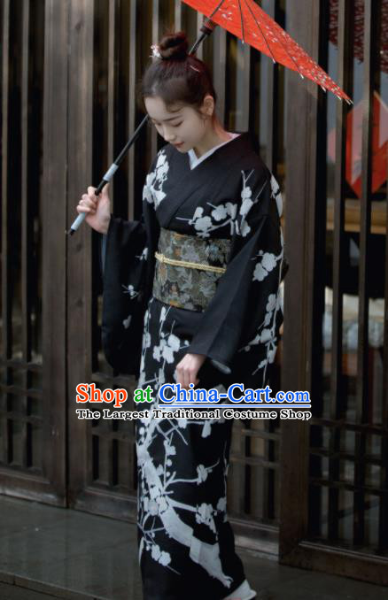 Japanese Handmade Printing Sakura Black Kimono Costume Japan Traditional Yukata Dress for Women