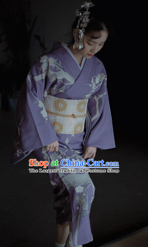 Japanese Handmade Printing Sakura Light Purple Kimono Costume Japan Traditional Yukata Dress for Women