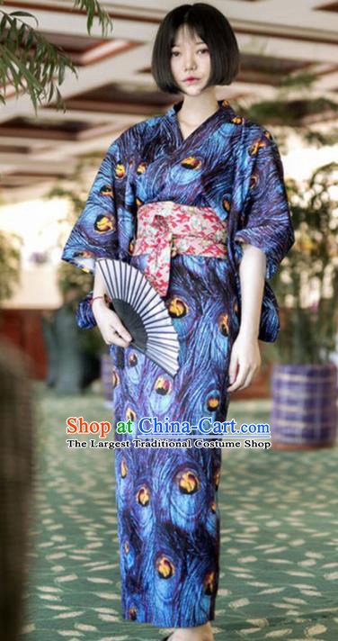 Japanese Handmade Printing Navy Blue Kimono Japan Traditional Yukata Dress Costume for Women