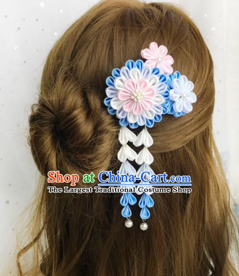 Japanese Handmade Kimono Hair Accessories Japan Traditional Yukata Blue Flowers Tassel Hairpins for Women