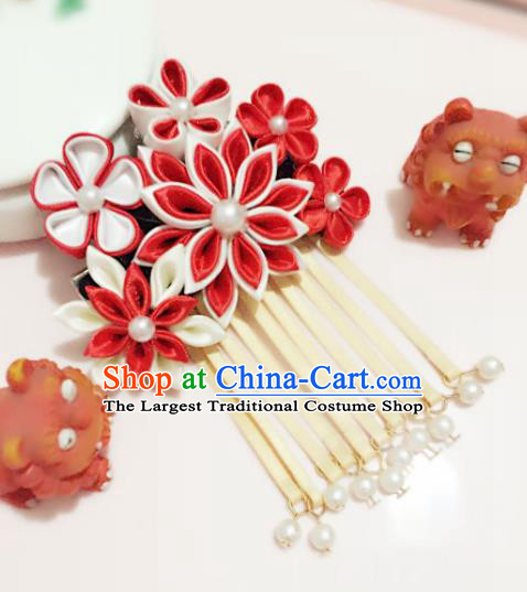 Japanese Traditional Geisha Red Sakura Tassel Hairpins Japan Handmade Kimono Hair Accessories for Women