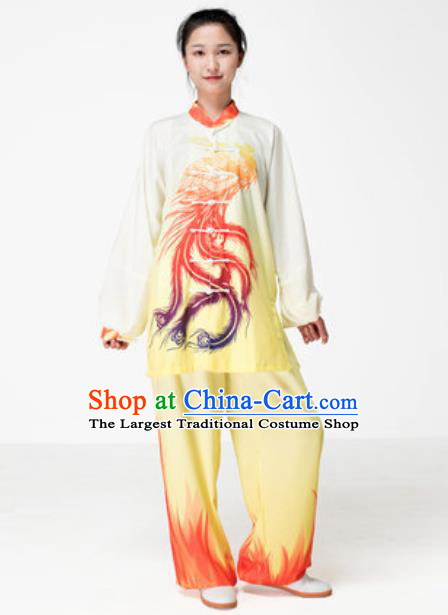 Chinese Traditional Tai Chi Printing Phoenix Yellow Costume Martial Arts Training Uniform Kung Fu Wushu Clothing for Women