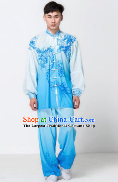 Top Chinese Traditional Tai Chi Printing Dragon Blue Costume Martial Arts Training Uniform Kung Fu Wushu Clothing for Men