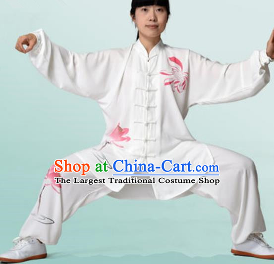 Chinese Traditional Tai Chi Printing Lotus White Costume Martial Arts Training Uniform Kung Fu Wushu Clothing for Women