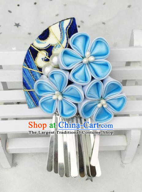 Japan Traditional Yukata Blue Flowers Fan Tassel Hair Claw Japanese Handmade Kimono Hair Accessories for Women